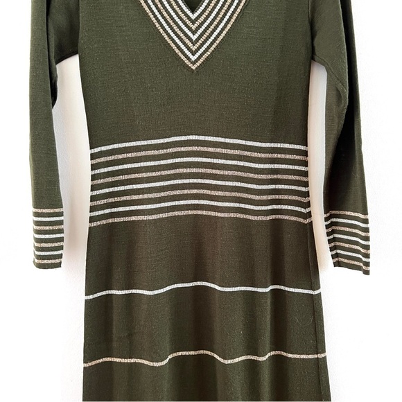 Vintage 60s 70s Maxi Dress Swedish Metallic Knit Striped V Neck Sweater Mod MCM - Picture 8 of 9